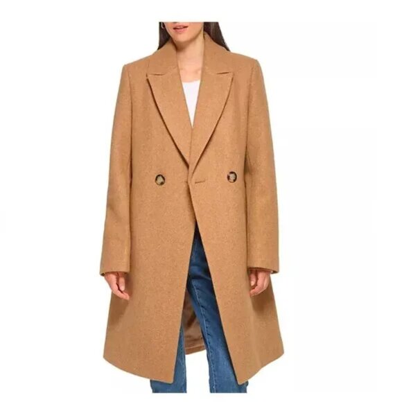 NEW DKNY Women's Faux Wool Notched Lapel Fully Lined Fashion Coat Camel Medium - Picture 1 of 9